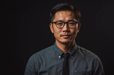 Obraz premium Portrait of a man with glasses against a dark background.