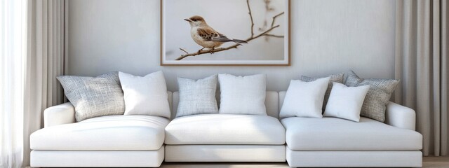 White sectional sofa with bird artwork in modern living room.
