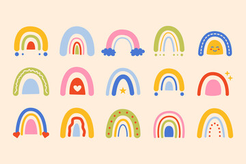 Boho rainbow set. Doodle rainbows clouds sun heart icons, cute abstract childish stickers with sky elements, modern scandinavian bohemian nursery decor. Vector rainbow collection