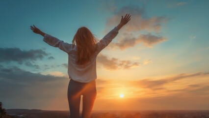 Obraz premium Carefree young woman on hill, arms raised, watching vibrant sunset with sense of freedom and optimism. Hopeful and peaceful.