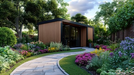Naklejka premium Modern garden office framed by lush greenery, vibrant flower beds, and a curved stone path under sunny skies