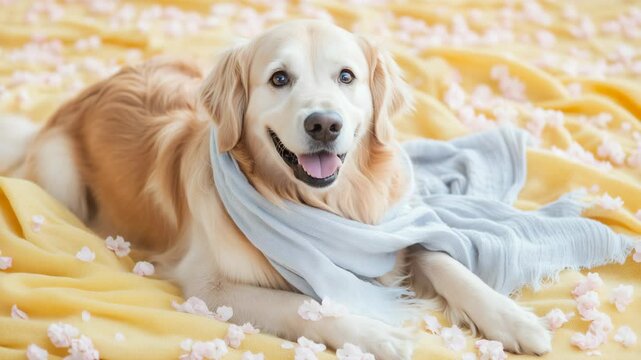 Golden retriever enjoys warm spring day surrounded by cherry blossom petals and soft blanket