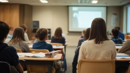 Fototapeta premium Classroom scene with students and teacher engaged in presentation, featuring high ceiling, natural light, and attentive audience.