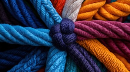 Multicolored ropes linked in a central knot, expressing unity and diversity in harmony.