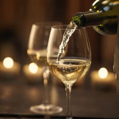 Fototapeta premium Pouring White Wine into Glass on Table in Dimly Lit Room with Candles, Low Angle View