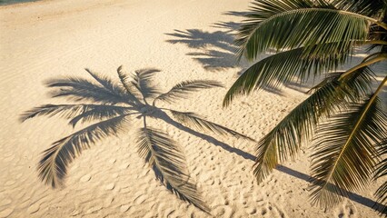 Overhead Shot Of Palm Tree And Its Shadow On Sandy Beach Minimal Summer Background With Warm Golden Light And Tropical Vibe Ideal For Travel Or Vacation Themes