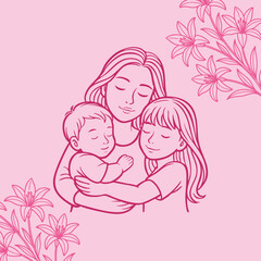 Mother Day. Illustration of a mother holding a baby, surrounded by flowers, in a pink background, line art. Mother baby and daughter lily background.