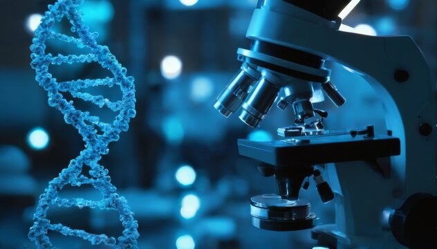 Closeup Microscope with DNA Model in Laboratory Setting