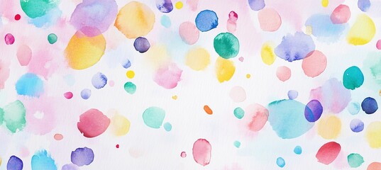 Watercolor background with colorful dots, pastel colors, soft and dreamy atmosphere, perfect for children's book illustrations, playful and whimsical style, light white backdrop, banner design