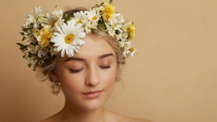 Fototapeta premium Young woman in flower crown with closed eyes, earrings, against beige background dreamy and ethereal portrait.
