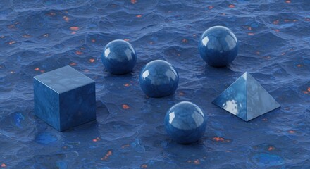 Abstract Blue Geometric Shapes on a Textured Surface: A 3D Render of Cubes, Spheres, and a Pyramid