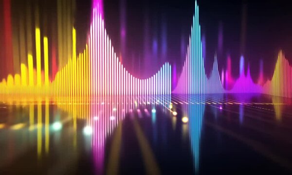 Multicolored sound waves rising and falling to music with glow effects made with Generative AI technology