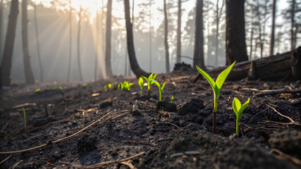 New plant growth emerging from scorched forest