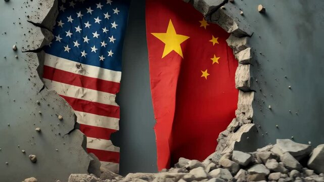 US and China flags breaking through a wall representing trade conflict and tariffs