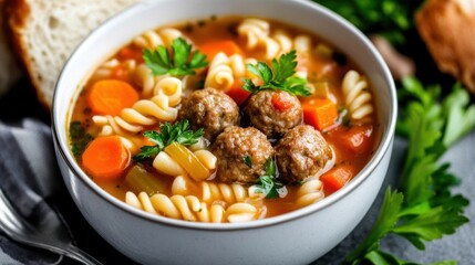 Overhead shot of a beautifully presented bowl of Italian wedding soup, showing the arrangement of meatballs, vegetables, and pasta in the flavorful broth. Classic Italian soup.