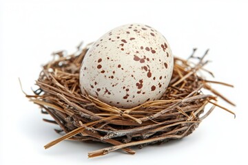 Obraz premium Speckled egg in nest still life photo on white background