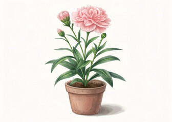 Pink Perennial Carnation Plant in Pot – Isolated on White Background for Botanical Design