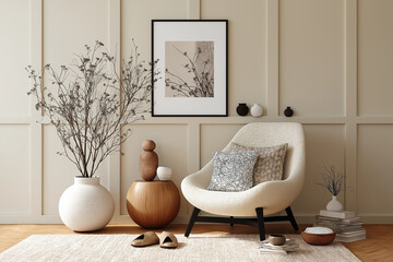 Beige Room Interior Design Cozy Armchair Dried Flowers Wooden Side Table