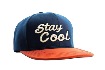 Stylish navy blue and orange Stay Cool baseball cap perfect for summer boasts a comfortable fit and trendy embroidered script High on transparent background