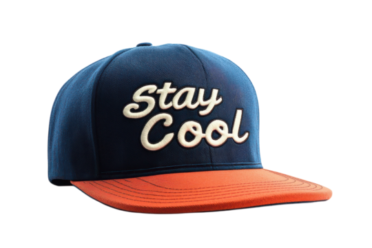 Stylish navy blue and orange Stay Cool baseball cap perfect for summer boasts a comfortable fit and trendy embroidered script High on transparent background