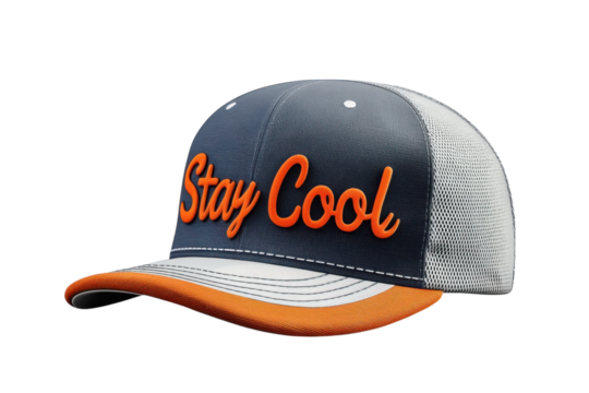 Stylish navy blue and orange Stay Cool trucker hat featuring a curved brim breathable mesh back and vibrant embroidered text against a on transparent background