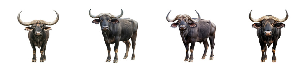 Buffalos standing with horns displayed in a natural pose