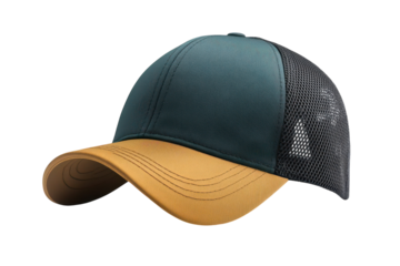 Stylish two tone teal and tan baseball cap perfect for summer with breathable mesh back panel displayed against a black background on transparent background