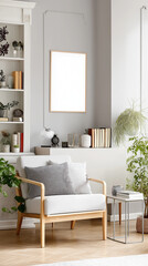 Light Grey Armchair with Wooden Legs Mockup Frame Plants  Books
