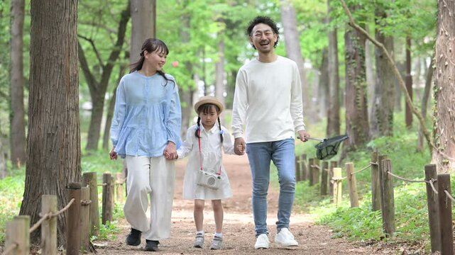 Family looking for bugs on summer vacation! Images of spring and summer outings and outdoor leisure Fun family playing in the forest on vacation Front video