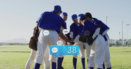 female baseball team joining training huddle on grassy field, with animated health charts floating - Powered by Adobe