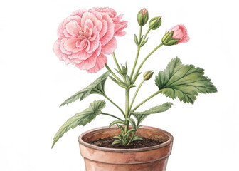 Pink Perennial Carnation Plant in Pot – Isolated on White Background for Botanical Design