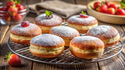 Fresh strawberry donuts on wire rack