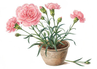 Pink Perennial Carnation Plant in Pot – Isolated on White Background for Botanical Design