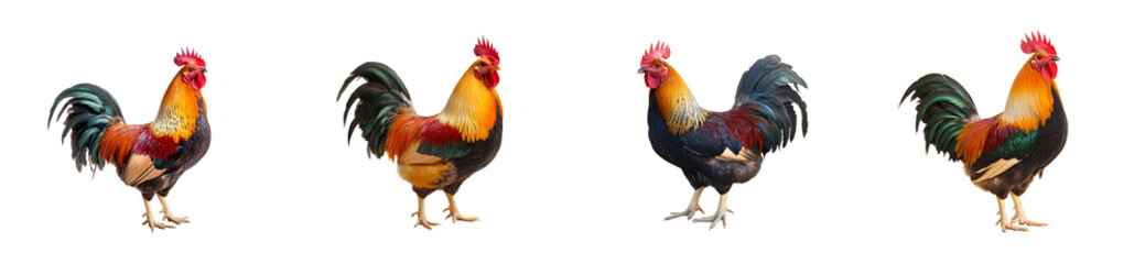 Fototapeta premium Colorful roosters standing on a transparent background