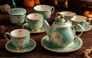 Fototapeta premium Afternoon tea set with teapot cups saucers on rustic wooden table. Elegant porcelain tableware with rose floral design. Gold accents on mint background. Vintage party decoration. Exquisite