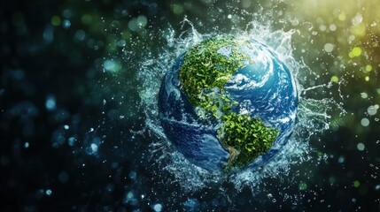 Earth globe covered in water splashes, symbolizing environmental protection.