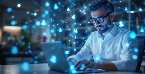 Man typing on laptop in modern office, surrounded by glowing social network icons, digital style on blurred background. Concept of business communication. Ai generative