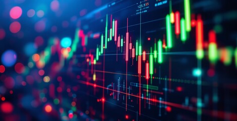 Glowing candlestick chart with green and red bars on a colorful bokeh background, illustrating financial market trends and digital trading concept. Ai generative