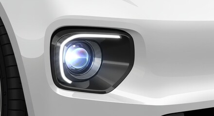 Closeup of Modern Car Headlight Design: Sleek White Exterior with Bright LED Illumination
