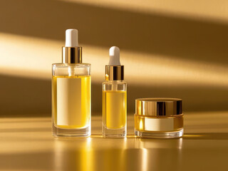 Naklejka premium Cosmetic glass bottle mockup set with gold cap isolated on yellow background, clean style skincare products collection. Minimal blank packaging mockup