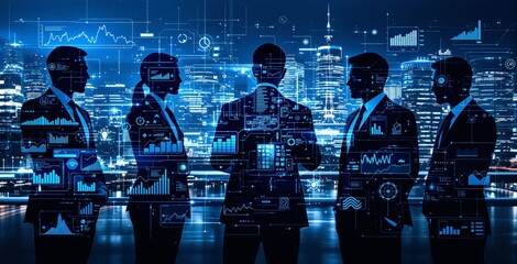 Silhouettes of business people with digital data graphics overlay, futuristic creative style, city skyline at night, concept of modern analytics and teamwork. Ai generative