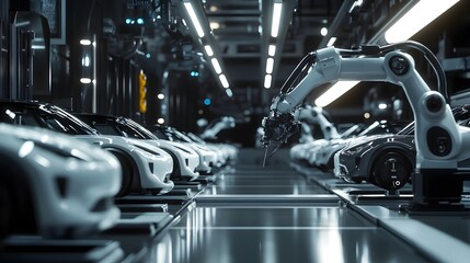 Car production line. The assembly of cars in a factory at a modern industrial plant.