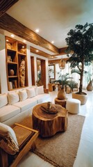 Fototapeta premium Cozy living room showcase interior design simple neutral color scheme. Modern comfy sofa with natural decorating items wooden furniture treepot. Bright apartment living room for easy