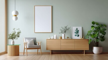 Minimalist Room Interior: A modern, minimalist interior features a neutral color palette with a light-wood cabinet and furniture, creating a warm and inviting atmosphere, suitable for home decor.