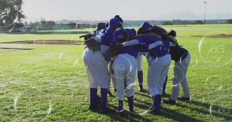 Women players huddling on baseball field, showing sports analytics charts and strategy icons - Powered by Adobe