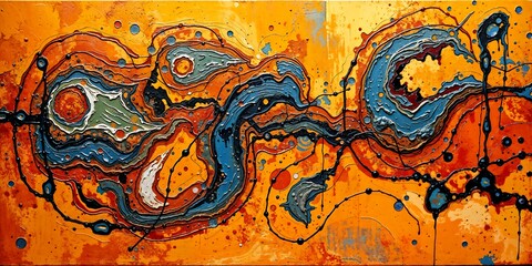 Energetic abstract artwork featuring dynamic, swirling forms and contrasting colors of orange and