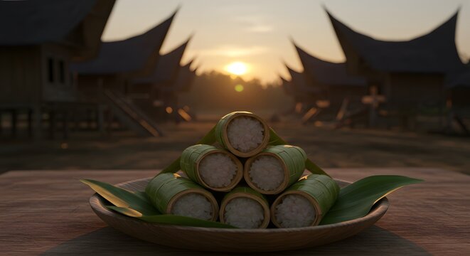 Lemang Periuk in the Golden Hour: A Culinary Delight against the backdrop of Traditional Minangkabau Houses