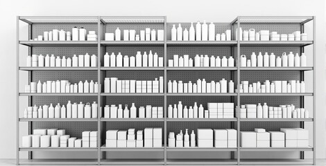 White packaging templates of bottles, jars, and boxes displayed on metal shelving, minimal style on white background. Concept of product branding. Ai generative