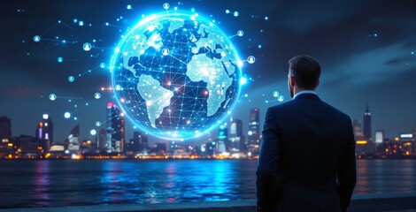 Businessman watching glowing digital globe with network lines and icons, futuristic style, city skyline at night, concept of global business and technology, Ai generative