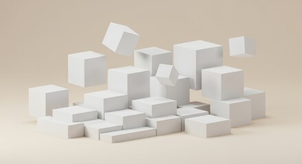 Abstract 3D Render of White Cubes in Beige Background: Minimalist Geometric Composition